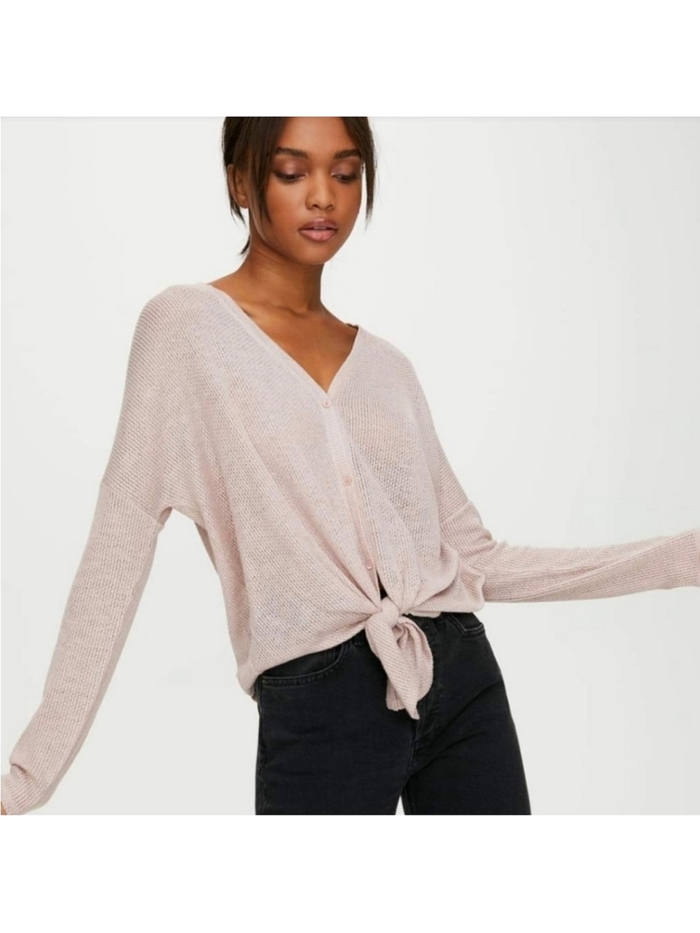 Aritzia Group Babaton Taurus Pink Waffle Knit Tie Front Relaxed Top, 2XS